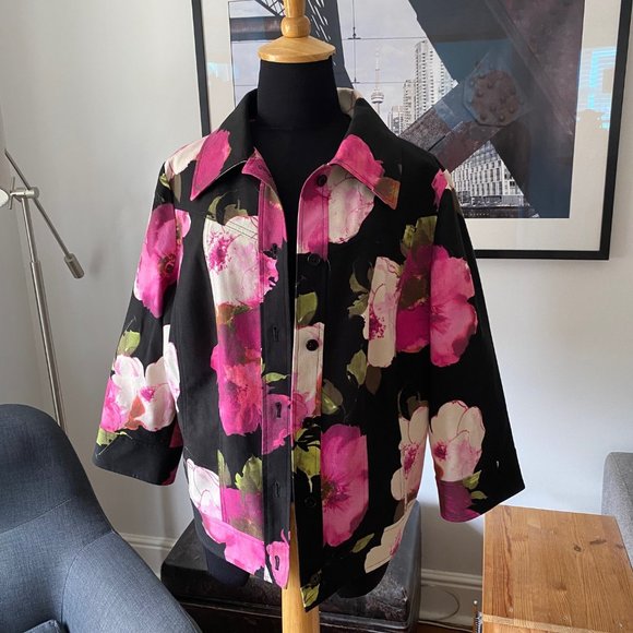 Dana Buchman Woman Floral Denim 3/4 sleeve jacket sz 14 - Picture 1 of 6